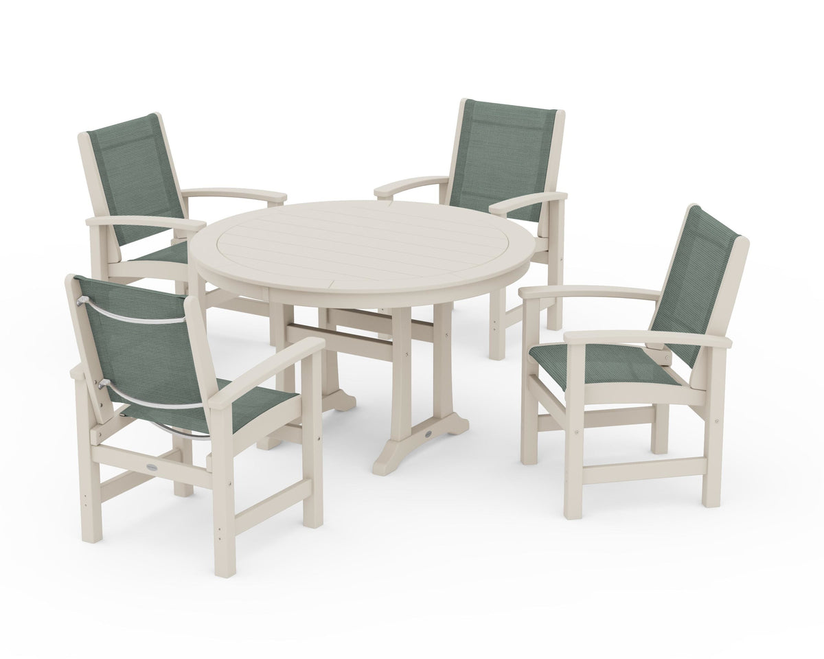 POLYWOOD Coastal 5-Piece Round Dining Set with Trestle Legs in Sand / Dupioni Sea Mist