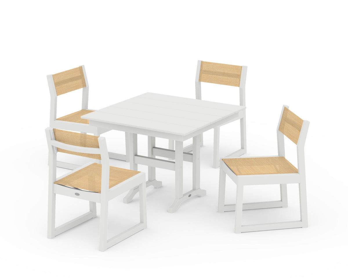 POLYWOOD EDGE Sling Side Chair 5-Piece Farmhouse Dining Set in Vintage White / Dupioni Apricot