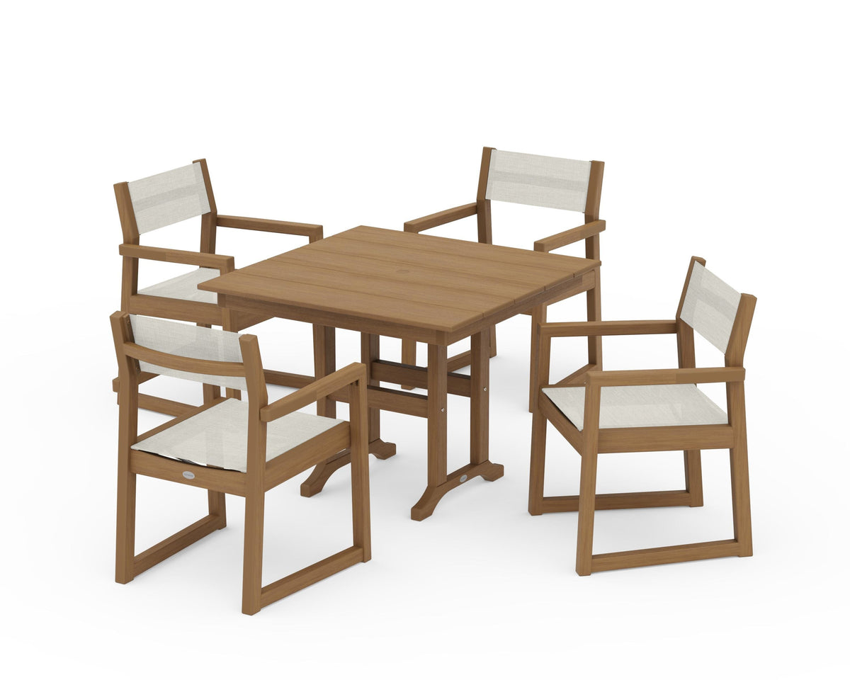 POLYWOOD EDGE Sling Arm Chair 5-Piece Farmhouse Dining Set in Natural / Parchment