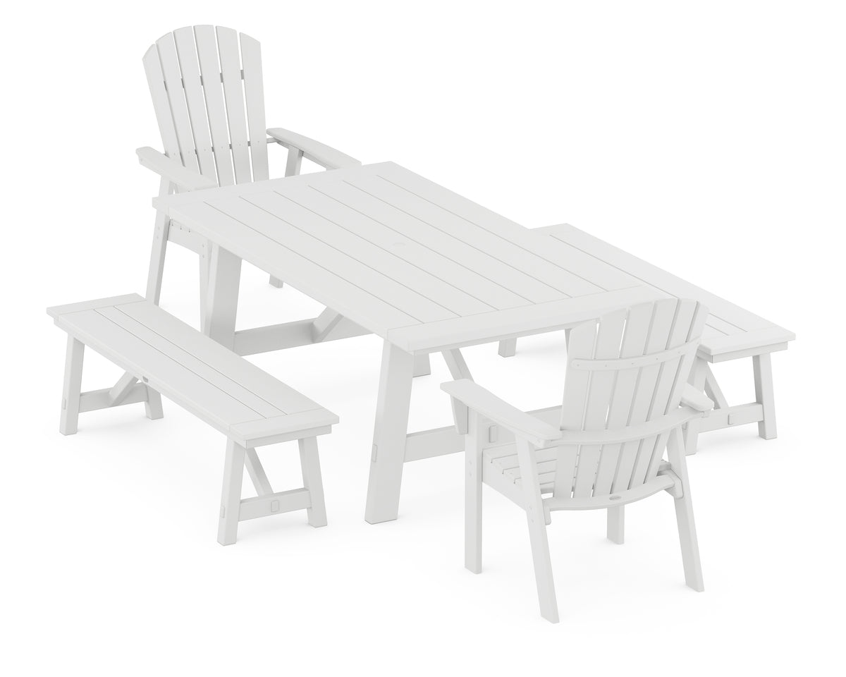 POLYWOOD Nautical Curveback Adirondack 5-Piece Rustic Farmhouse Dining Set with Benches in White
