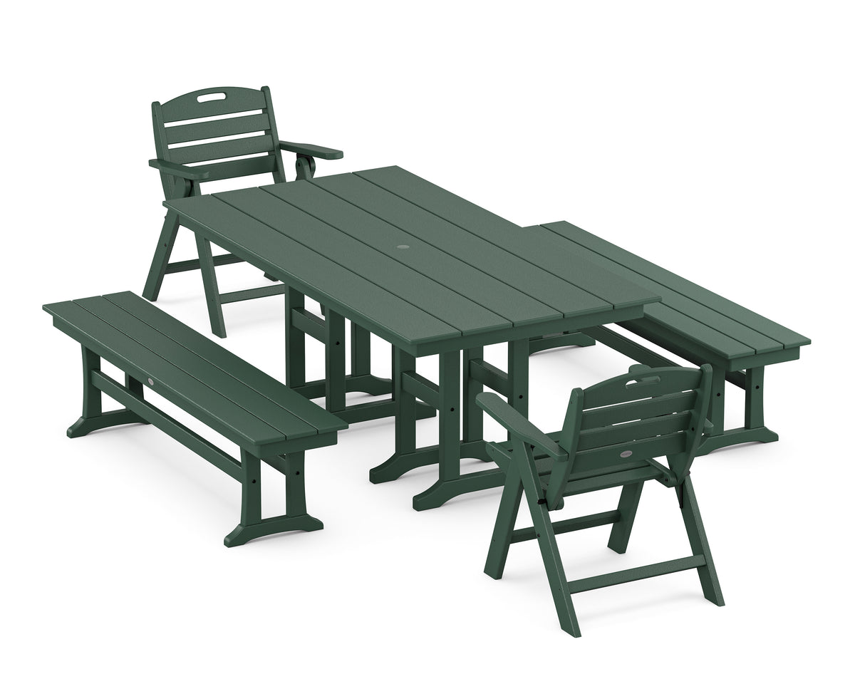 POLYWOOD Nautical Lowback 5-Piece Farmhouse Dining Set with Benches in Green