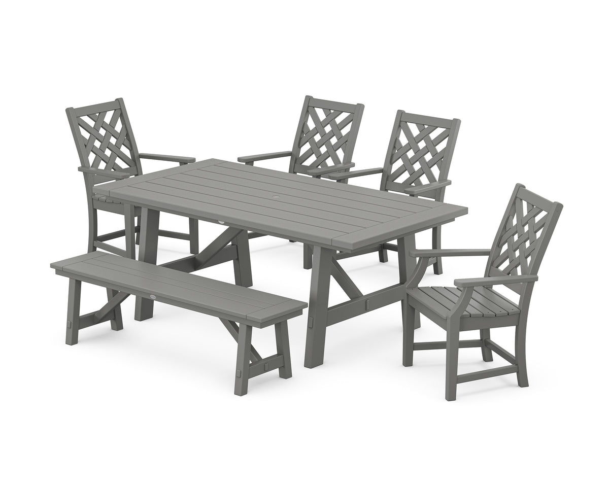 POLYWOOD Wovendale 6-Piece Rustic Farmhouse Dining Set with Bench in Slate Grey