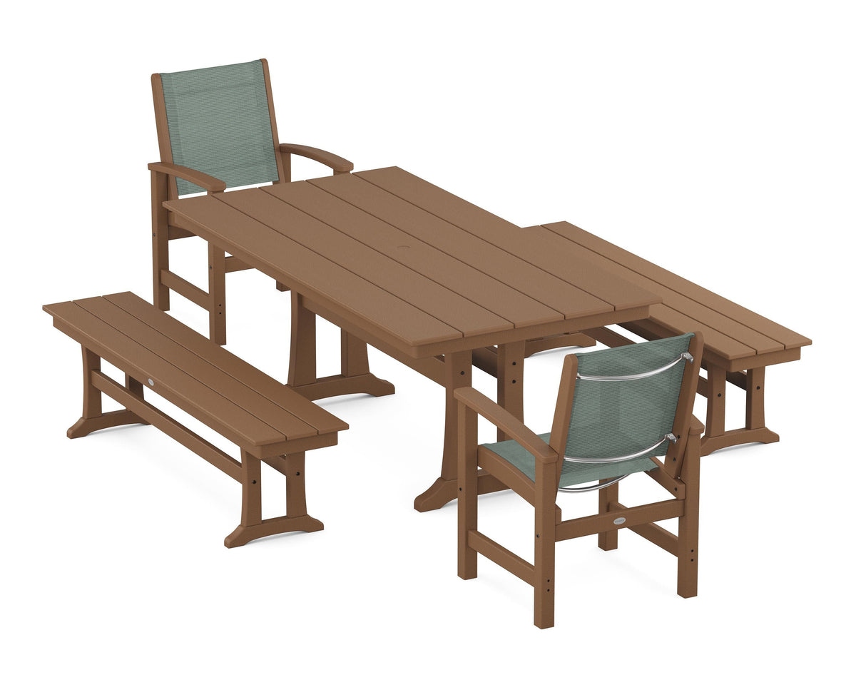 POLYWOOD Coastal 5-Piece Farmhouse Dining Set with Trestle Legs and Benches in Teak / Dupioni Sea Mist