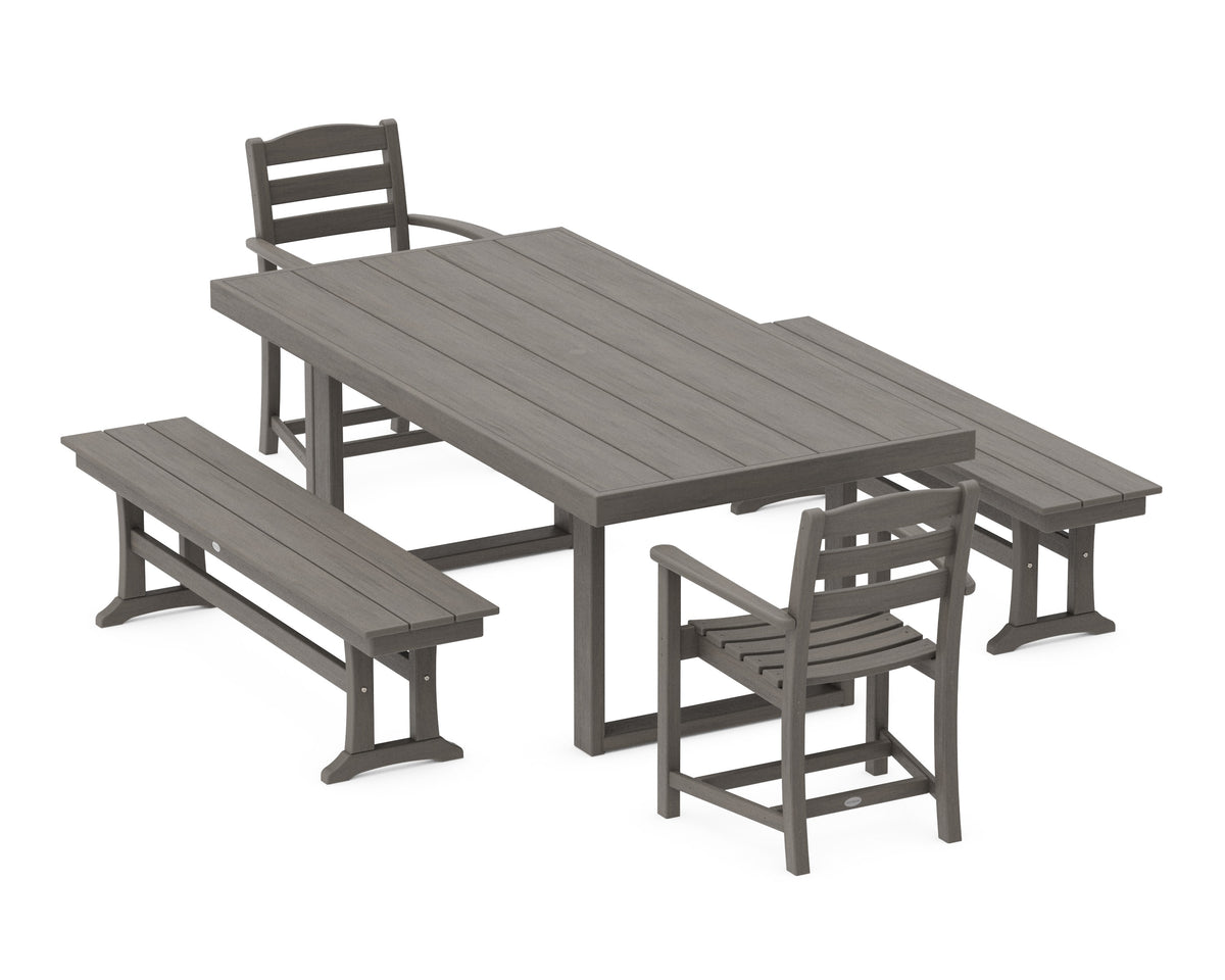 POLYWOOD La Casa Café 5-Piece Dining Set with Benches - 39" x 78" Table in Driftwood