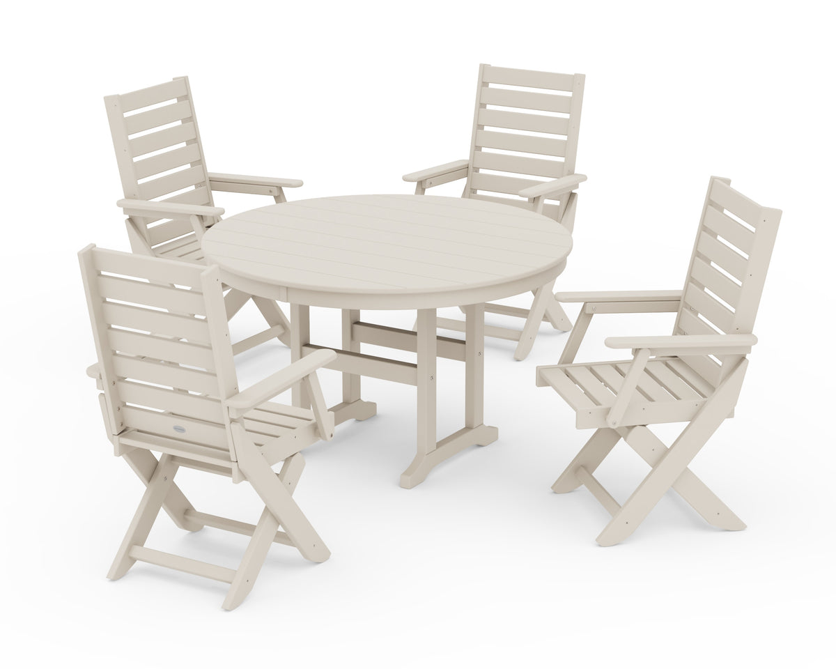 POLYWOOD Captain Folding Chair 5-Piece Round Dining Set in Sand