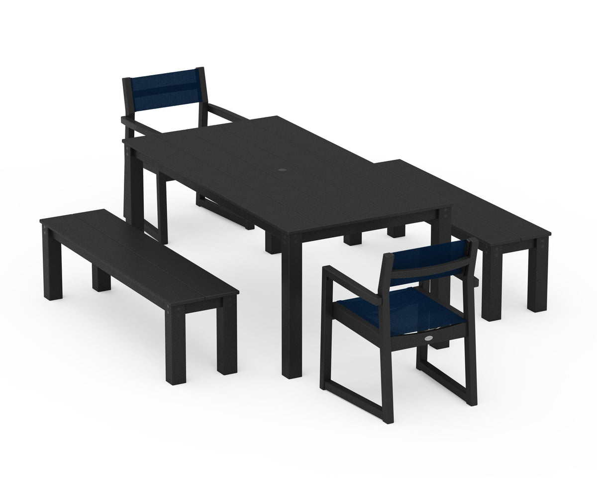 POLYWOOD EDGE Sling Arm Chair 5-Piece Parsons Dining Set with Benches in Black / Navy Blue