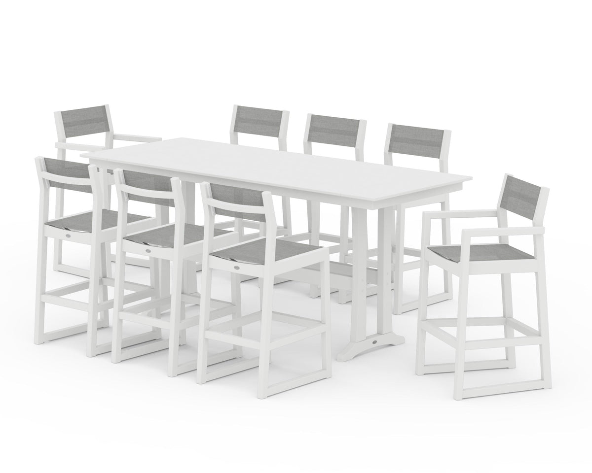 POLYWOOD EDGE Sling 9-Piece Farmhouse Bar Set with Trestle Legs in White / Metallic
