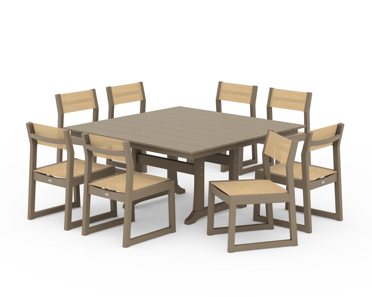 POLYWOOD EDGE Sling Side Chair 9-Piece Farmhouse Trestle Dining Set in Vintage Sahara / Dupioni Apricot