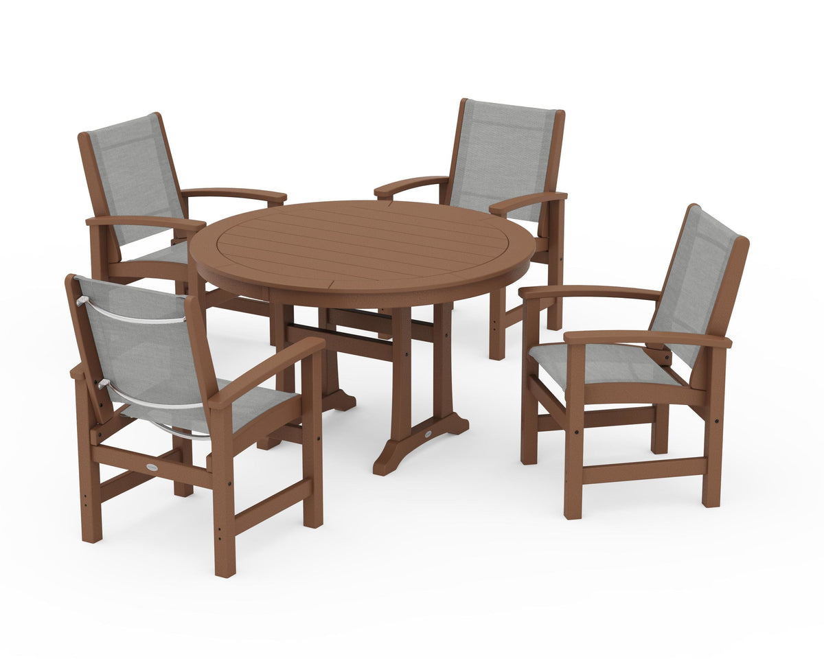 POLYWOOD Coastal 5-Piece Round Dining Set with Trestle Legs in Teak / Metallic