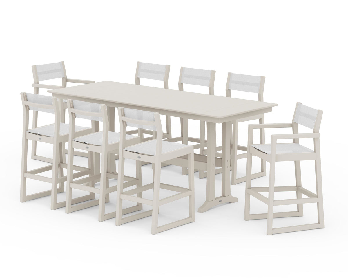 POLYWOOD EDGE Sling 9-Piece Farmhouse Bar Set with Trestle Legs in Sand / White