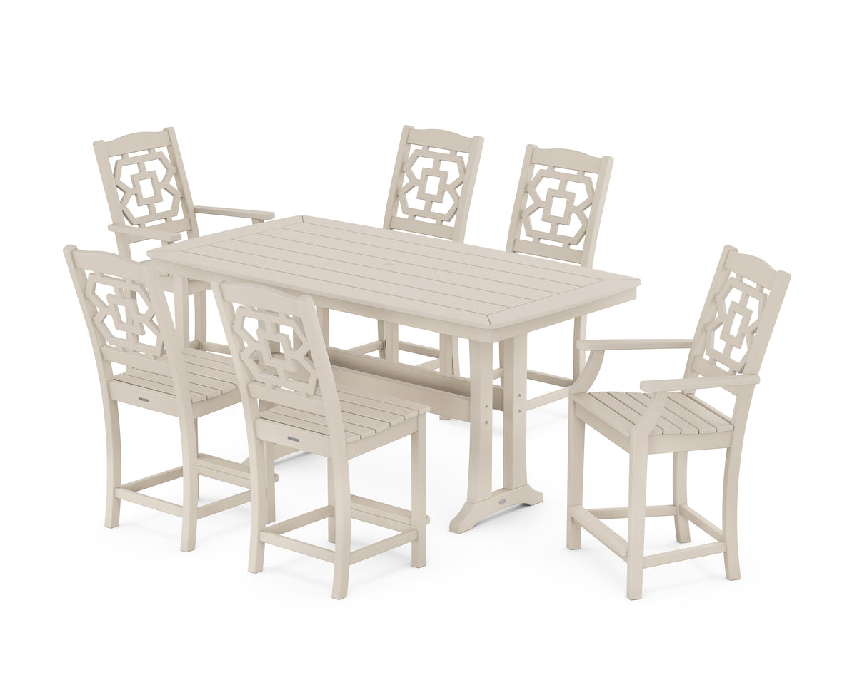 POLYWOOD Chinoiserie 7-Piece Counter Set with Trestle Legs in Sand