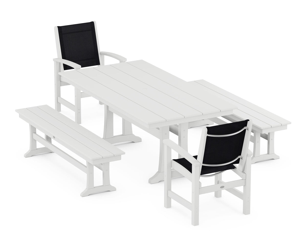POLYWOOD Coastal 5-Piece Farmhouse Dining Set with Trestle Legs and Benches in White / Black