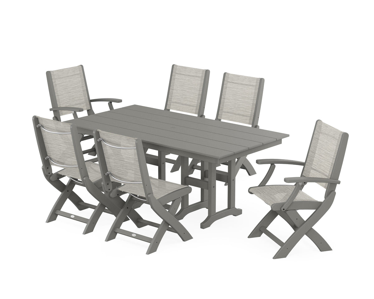 POLYWOOD Coastal Folding Chair 7-Piece Farmhouse Dining Set in Slate Grey / Birch
