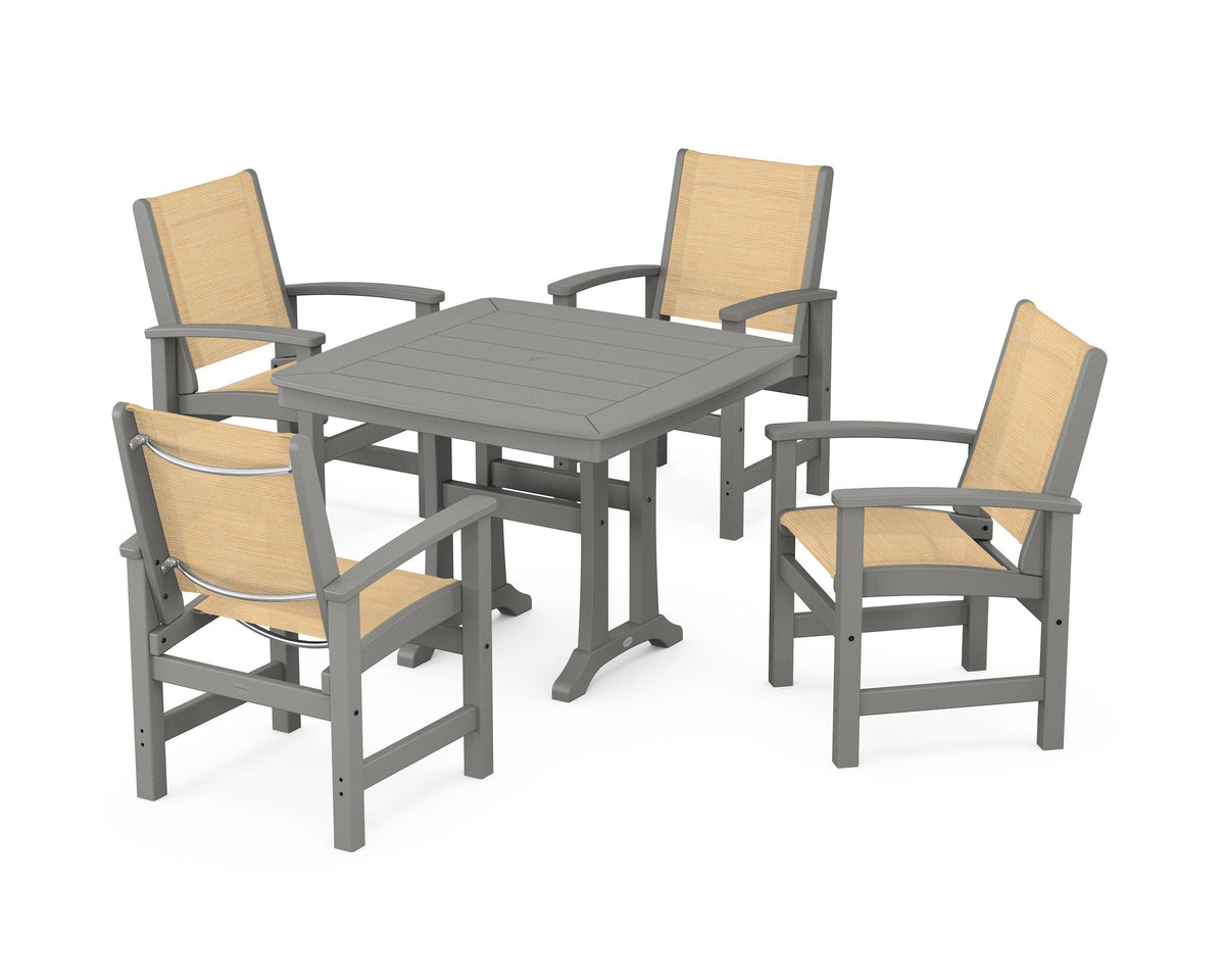 POLYWOOD Coastal 5-Piece Dining Set with Trestle Legs with Nautical Trestle 37" Dining Table in Slate Grey / Dupioni Apricot