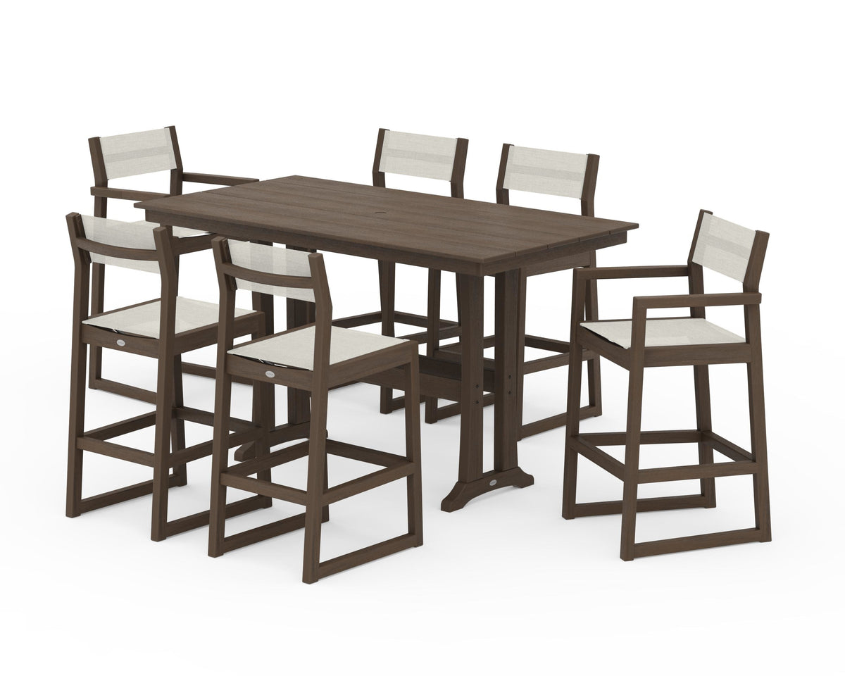 POLYWOOD EDGE Sling 7-Piece Farmhouse Bar Set with Trestle Legs in Kona / Parchment