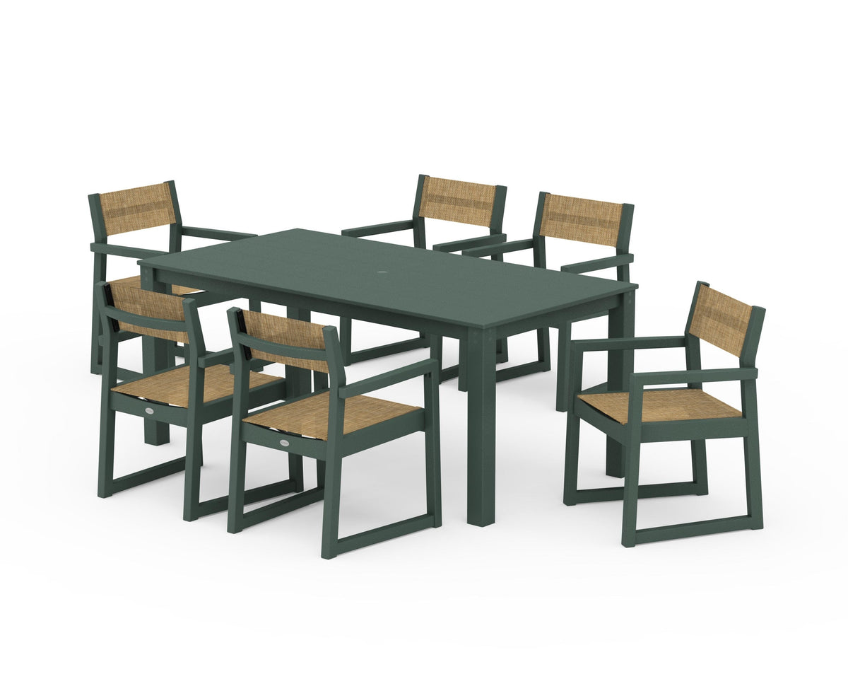 POLYWOOD EDGE Sling Arm Chair 7-Piece Parsons Dining Set in Green / Burlap