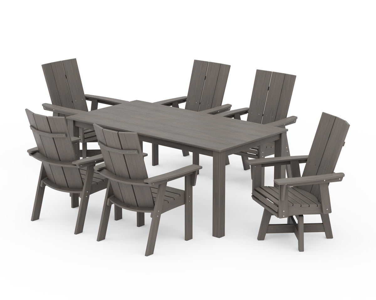 POLYWOOD Modern Curveback Adirondack 7-Piece Parsons Swivel Dining Set in Driftwood