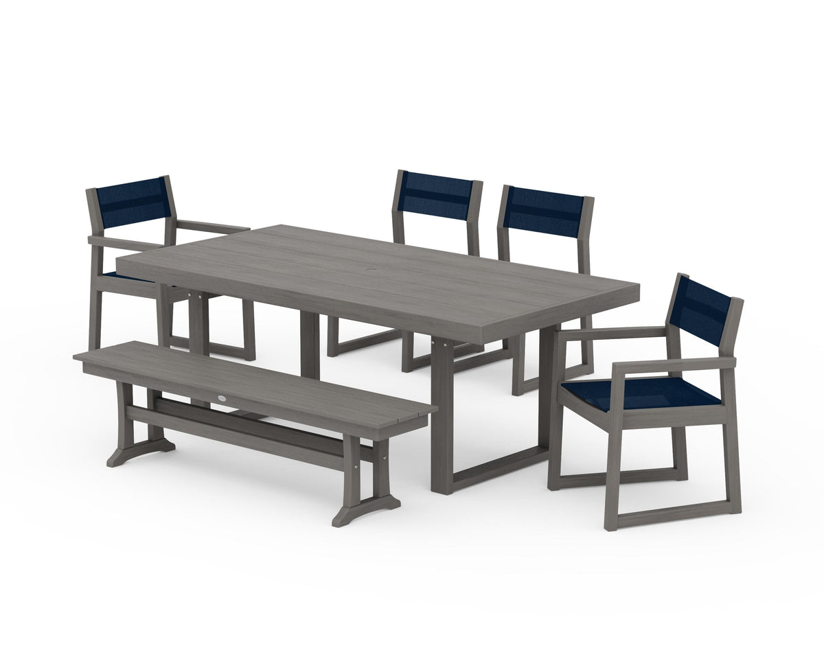 POLYWOOD EDGE Sling 6-Piece Dining Set with Bench in Driftwood / Navy Blue