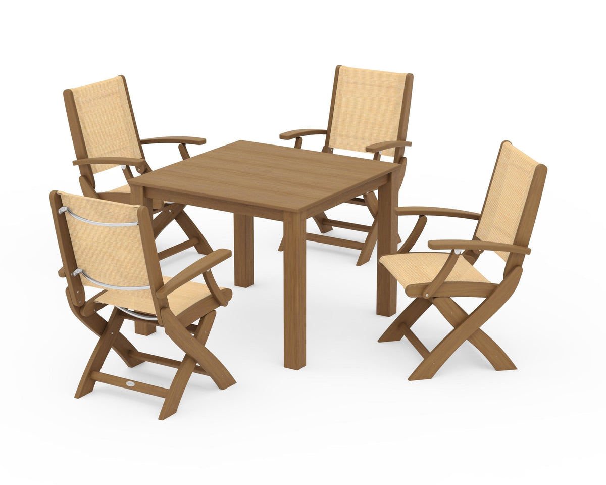 POLYWOOD Coastal Folding Chair 5-Piece Parsons Dining Set in Natural / Dupioni Apricot