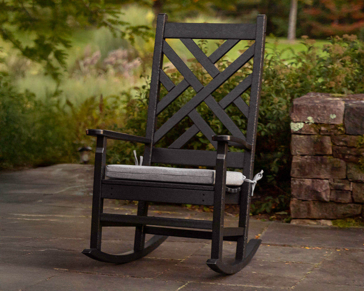 POLYWOOD Chippendale Porch Rocking Chair in Black styled outdoors