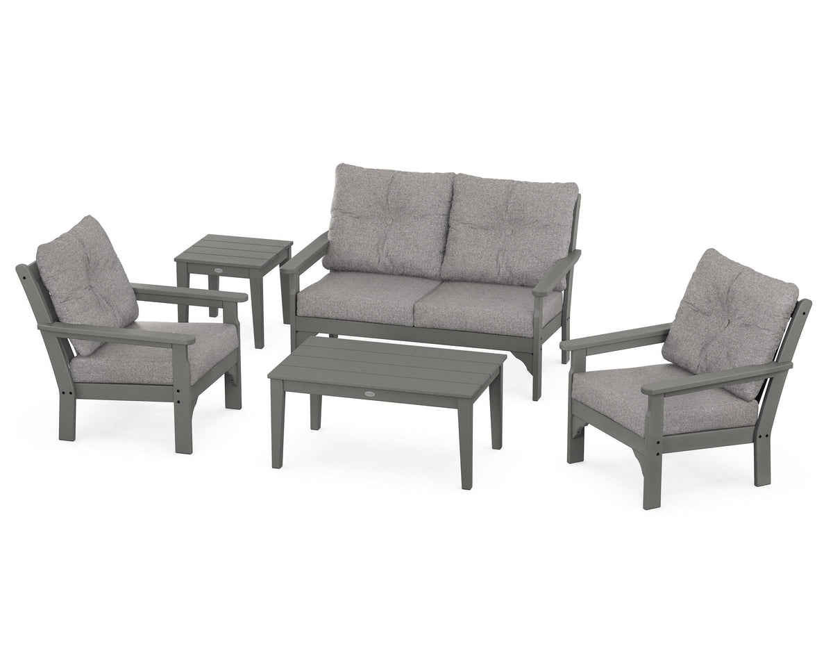 POLYWOOD Vineyard 5-Piece Deep Seating Set with Two Chairs and Loveseat in Slate Grey / Grey Mist