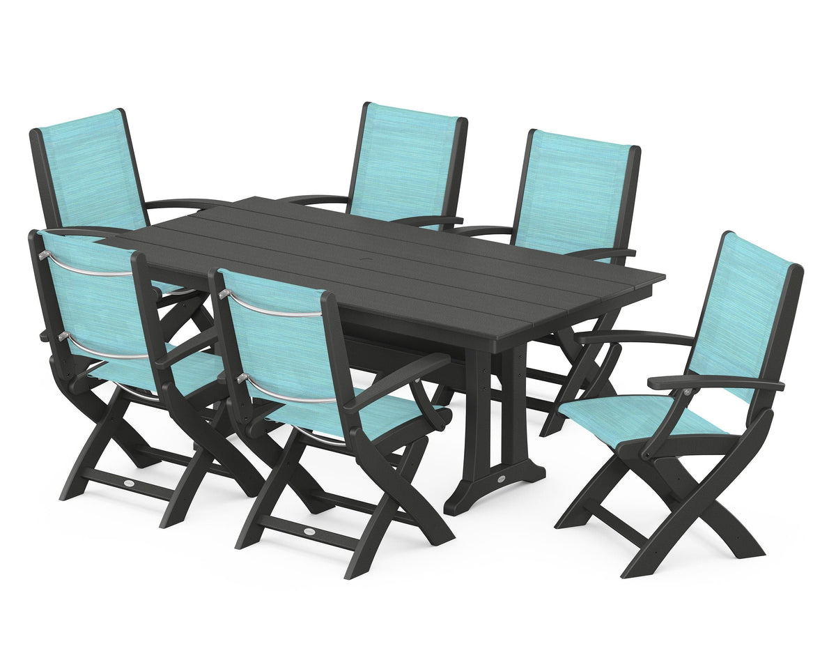 POLYWOOD Coastal Folding Arm Chair 7-Piece Farmhouse Dining Set with Trestle Legs in Black / Dupioni Aquamarine