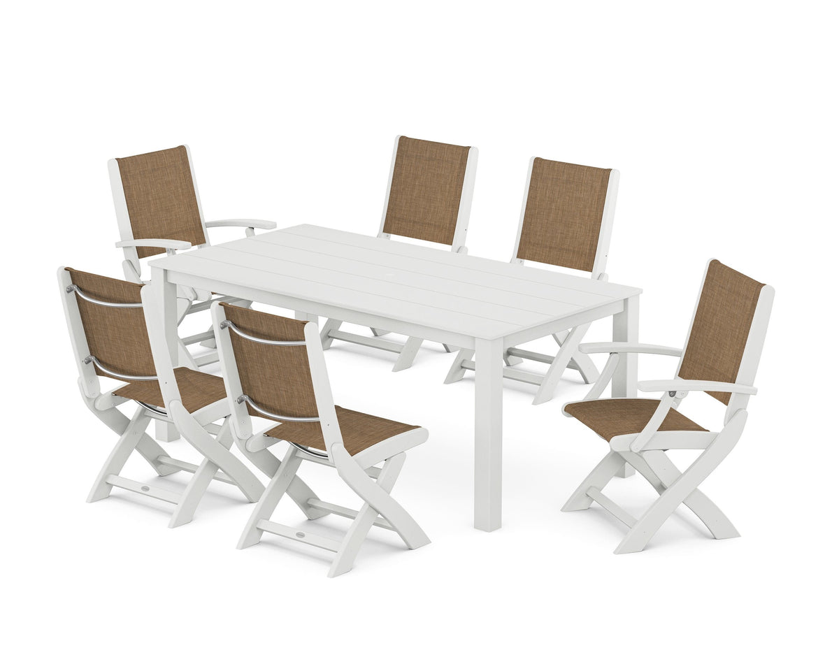POLYWOOD Coastal Folding Chair 7-Piece Parsons Dining Set with Coastal Folding Side Chair in White / Burlap