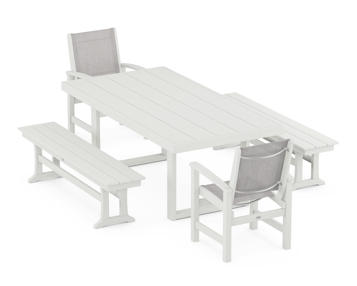 POLYWOOD Coastal 5-Piece Dining Set with Trestle Legs with EDGE 40" x 78" Dining Table in Vintage White / Parchment