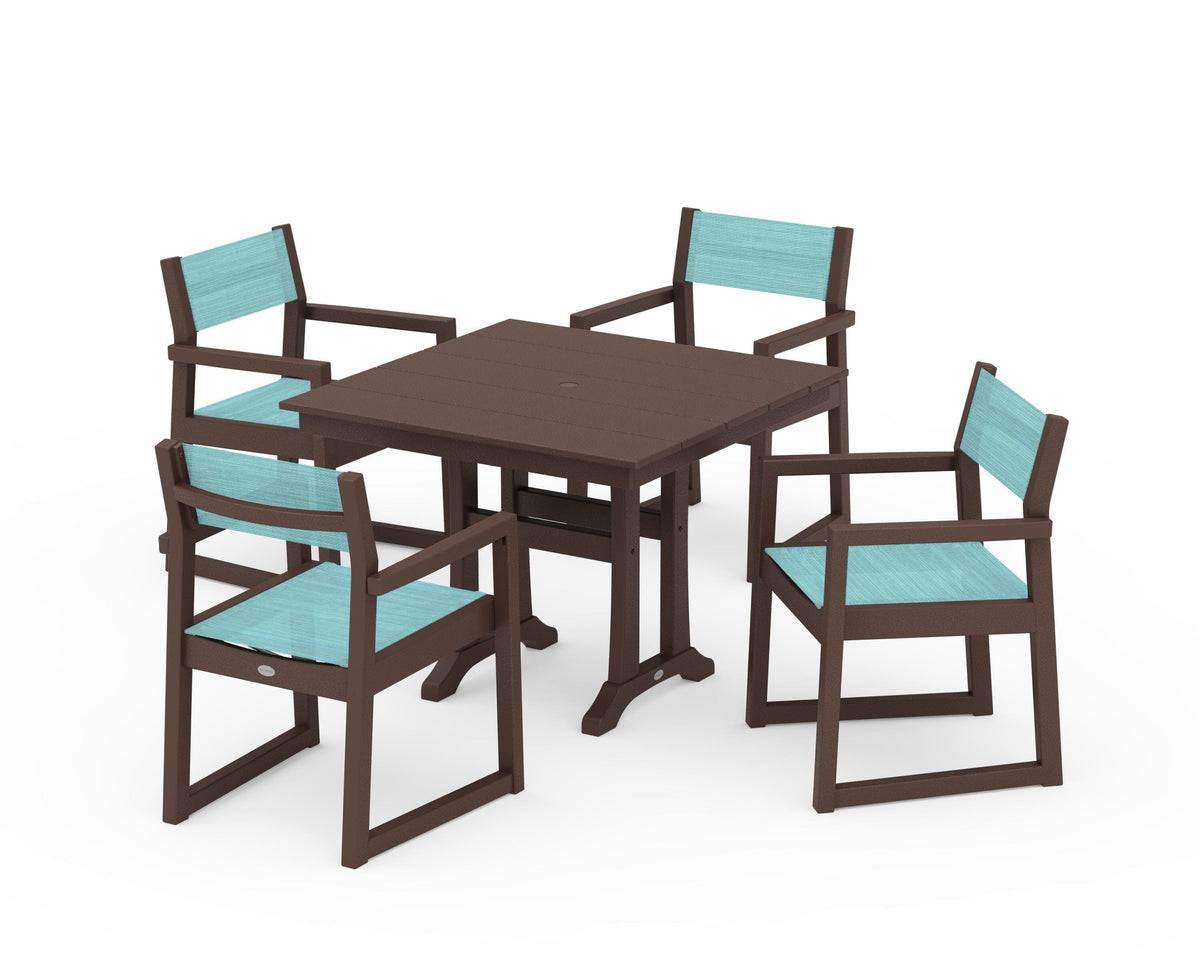 POLYWOOD EDGE Sling 5-Piece Farmhouse Dining Set with Trestle Legs in Mahogany / Dupioni Aquamarine