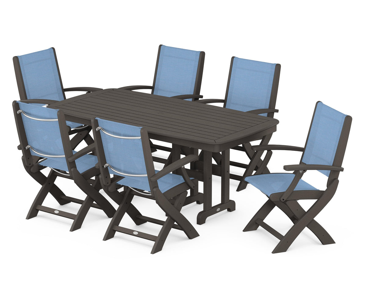 POLYWOOD Coastal Folding Arm Chair 7-Piece Dining Set in Vintage Coffee / Poolside