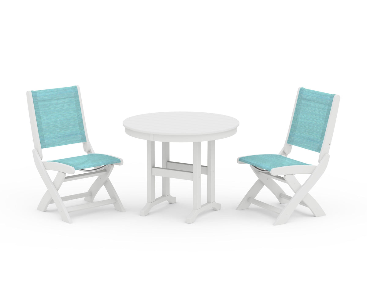 POLYWOOD Coastal Folding Side Chair 3-Piece Round Dining Set in White / Dupioni Aquamarine