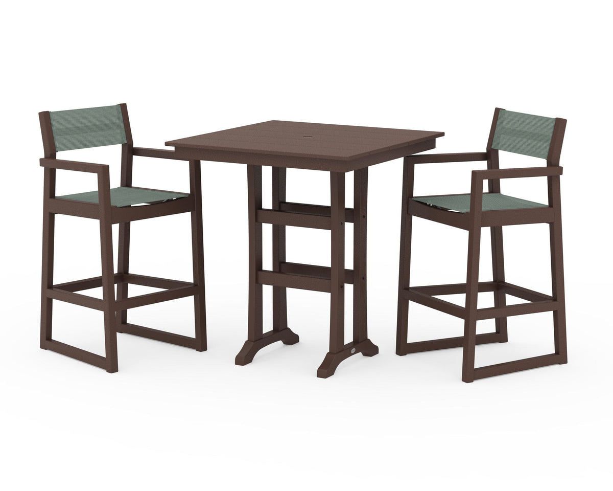 POLYWOOD EDGE Sling Arm Chair 3-Piece Farmhouse Bar Set with Trestle Legs in Mahogany / Dupioni Sea Mist
