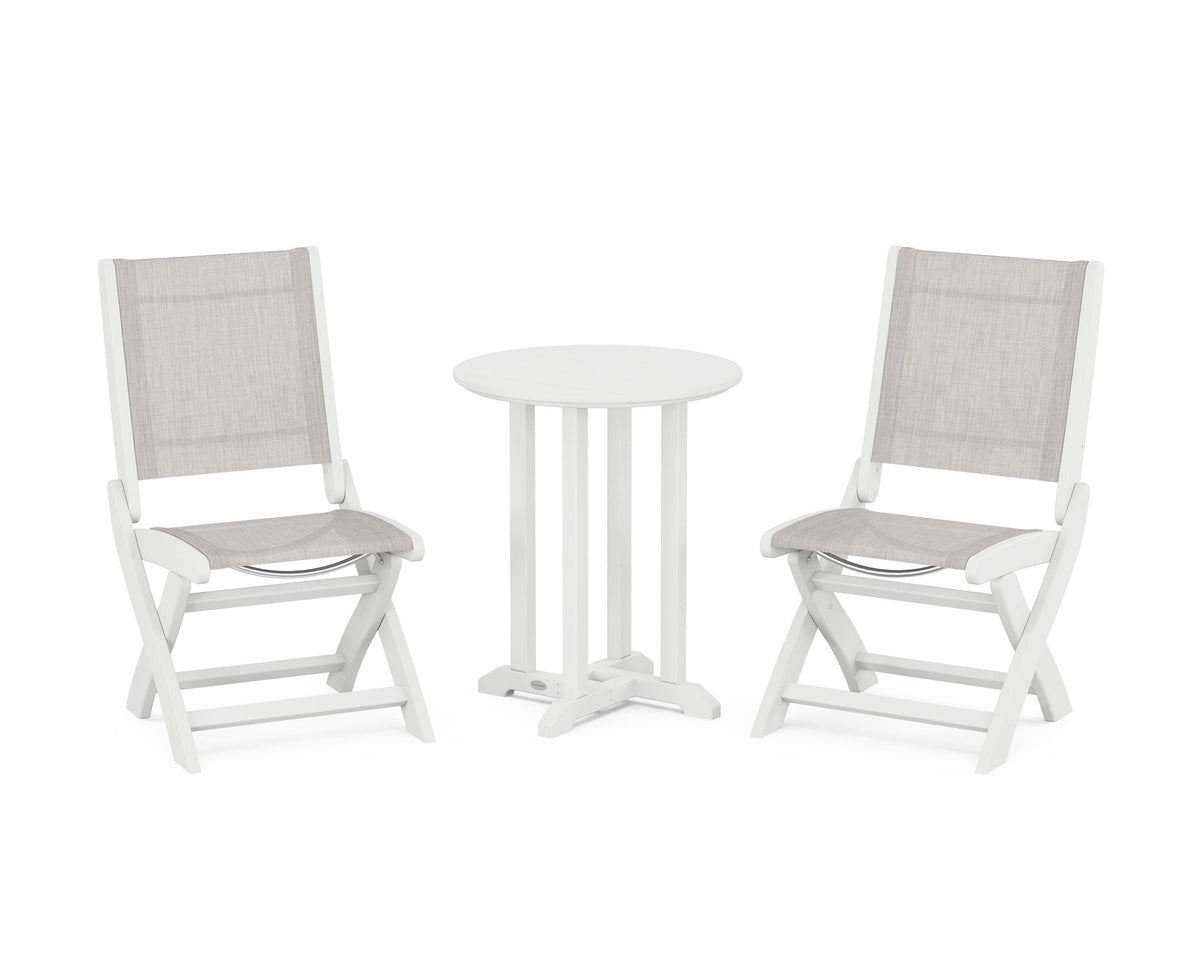 POLYWOOD Coastal Folding Side Chair 3-Piece Round Bistro Dining Set in White / Parchment