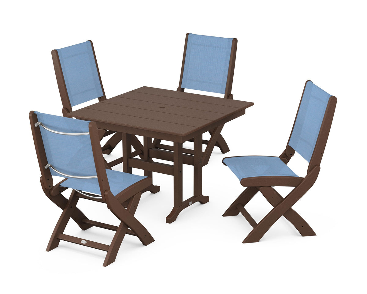 POLYWOOD Coastal Folding Side Chair 5-Piece Farmhouse Dining Set in Mahogany / Poolside