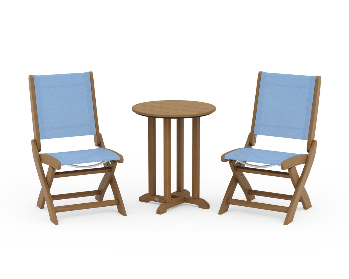 POLYWOOD Coastal Folding Side Chair 3-Piece Round Bistro Dining Set in Natural / Poolside