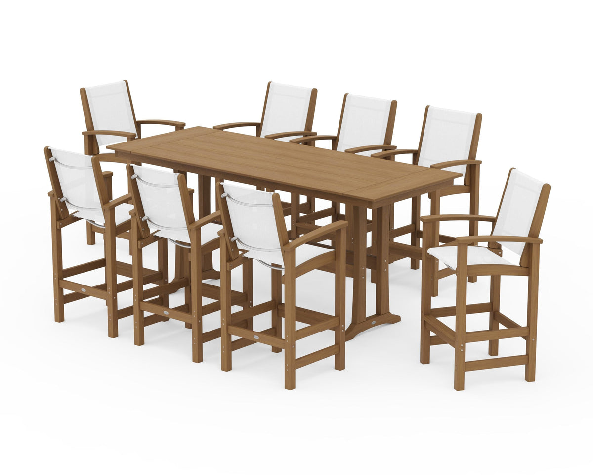POLYWOOD Coastal 9-Piece Farmhouse Bar Set with Trestle Legs in Natural / White