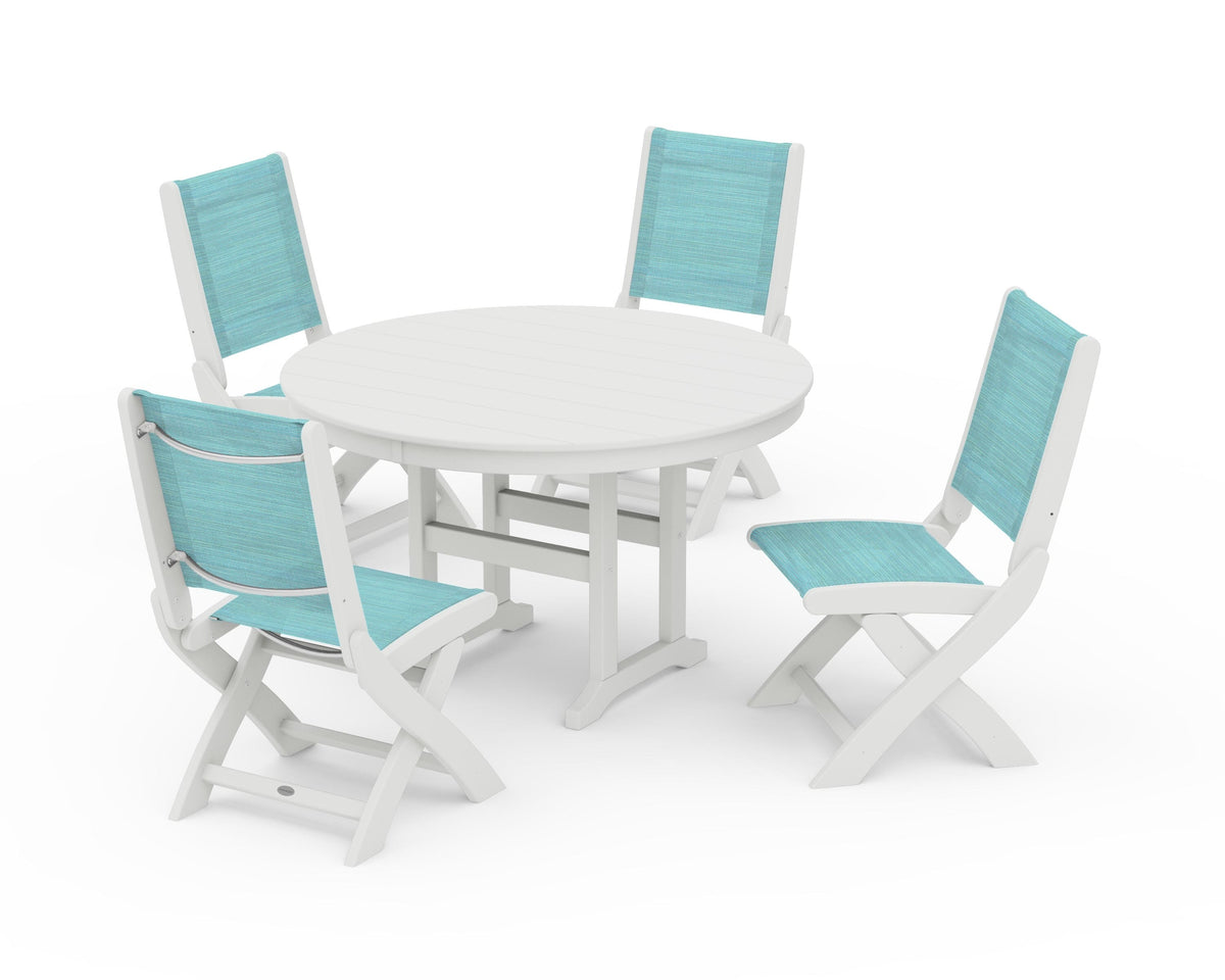 POLYWOOD Coastal Folding Side Chair 5-Piece Round Dining Set in Vintage White / Dupioni Aquamarine