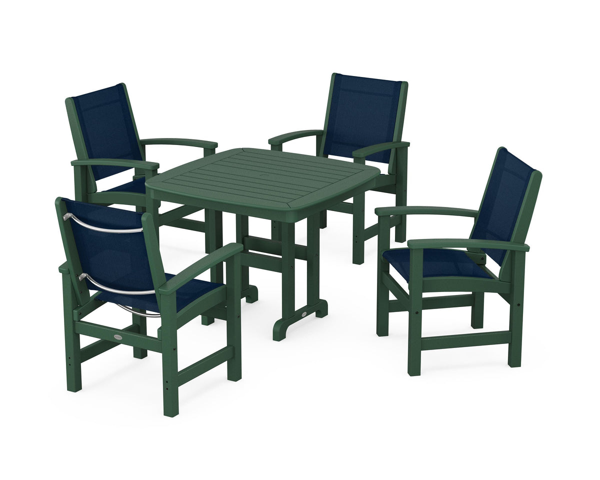POLYWOOD Coastal 5-Piece Dining Set with Nautical 37" Dining Table in Green / Navy Blue