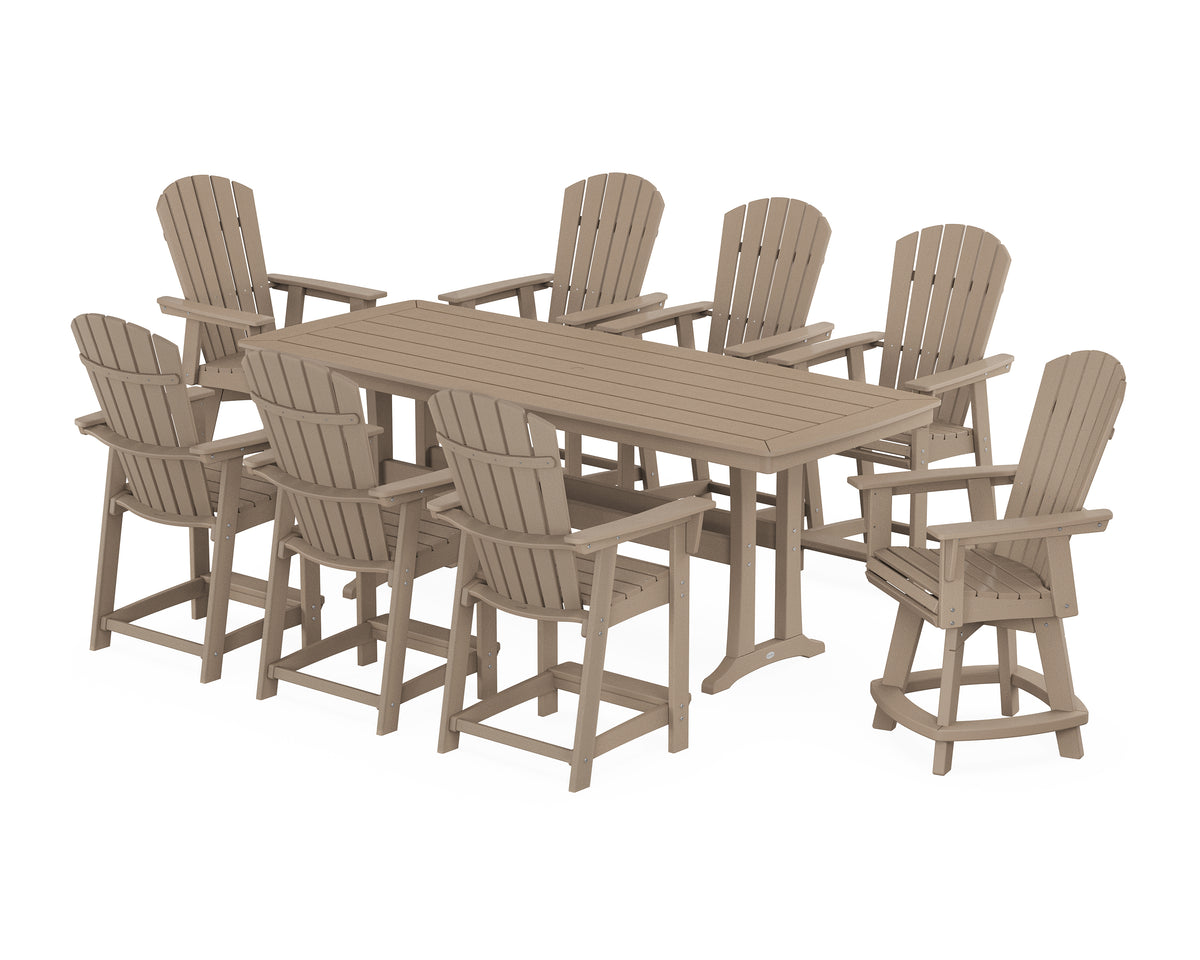 POLYWOOD Nautical Curveback Adirondack Swivel 9-Piece Counter Set with Trestle Legs in Vintage Sahara
