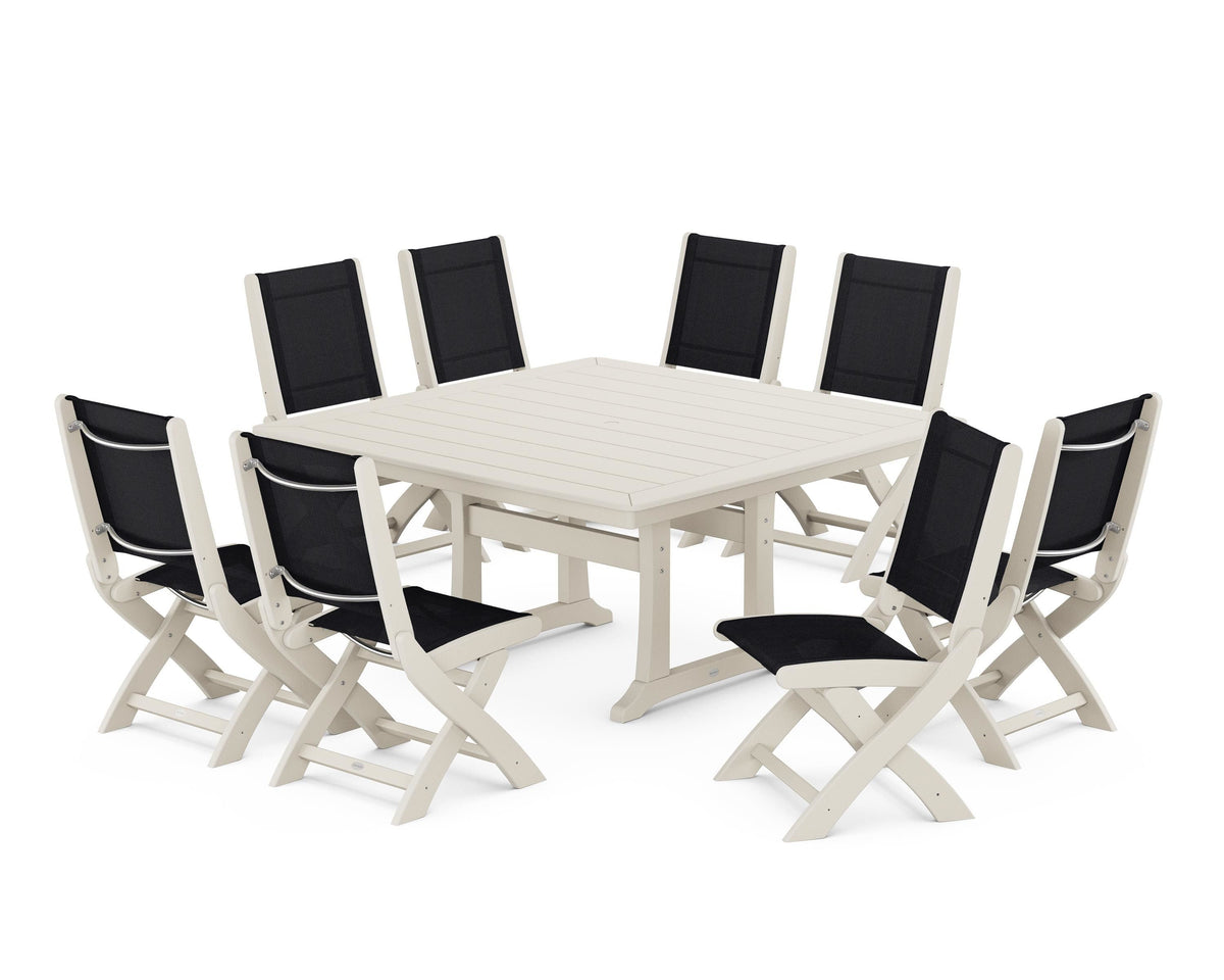 POLYWOOD Coastal Folding Side Chair 9-Piece Dining Set with Trestle Legs in Sand / Black