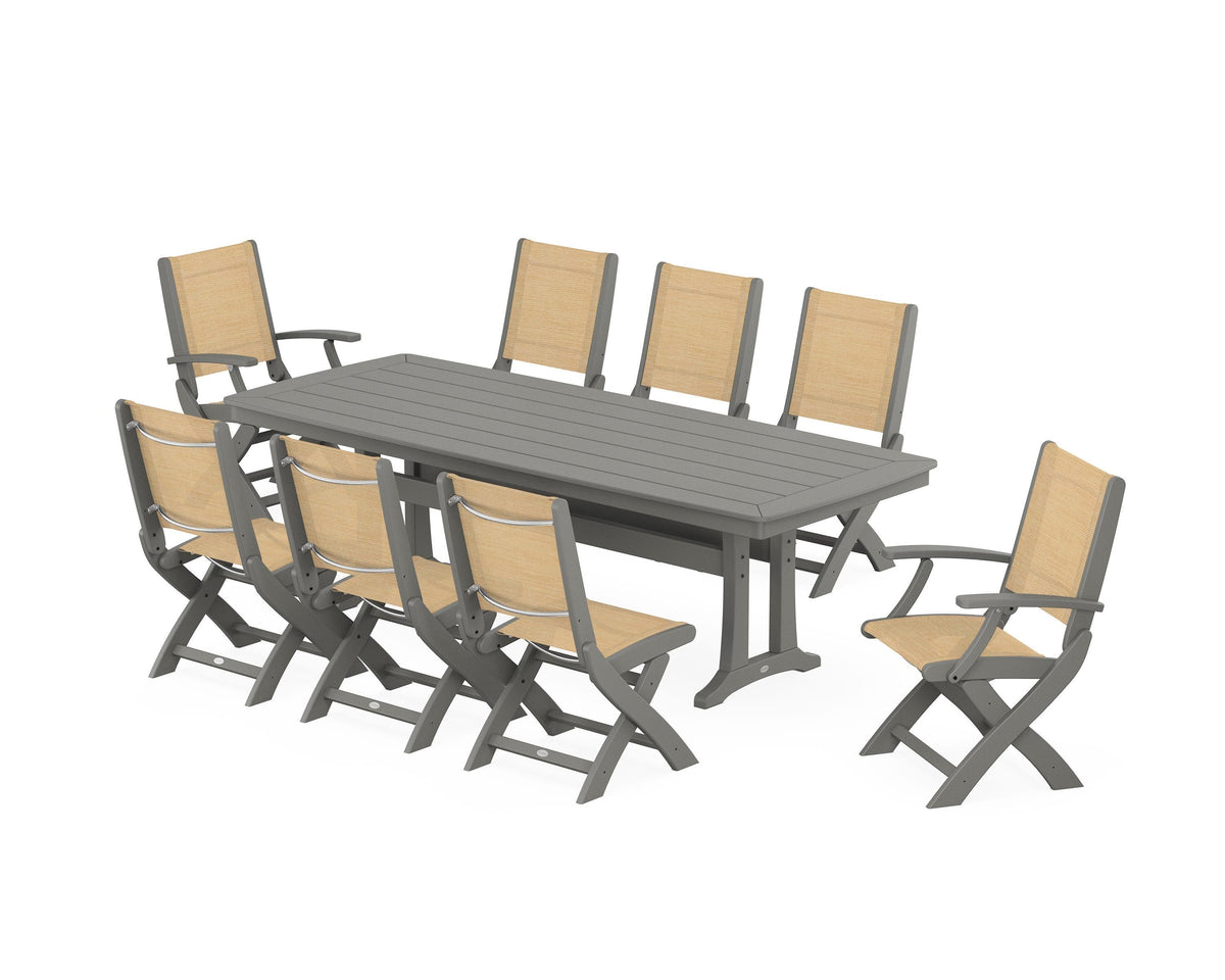 POLYWOOD Coastal Folding 9-Piece Dining Set with Trestle Legs in Slate Grey / Dupioni Apricot