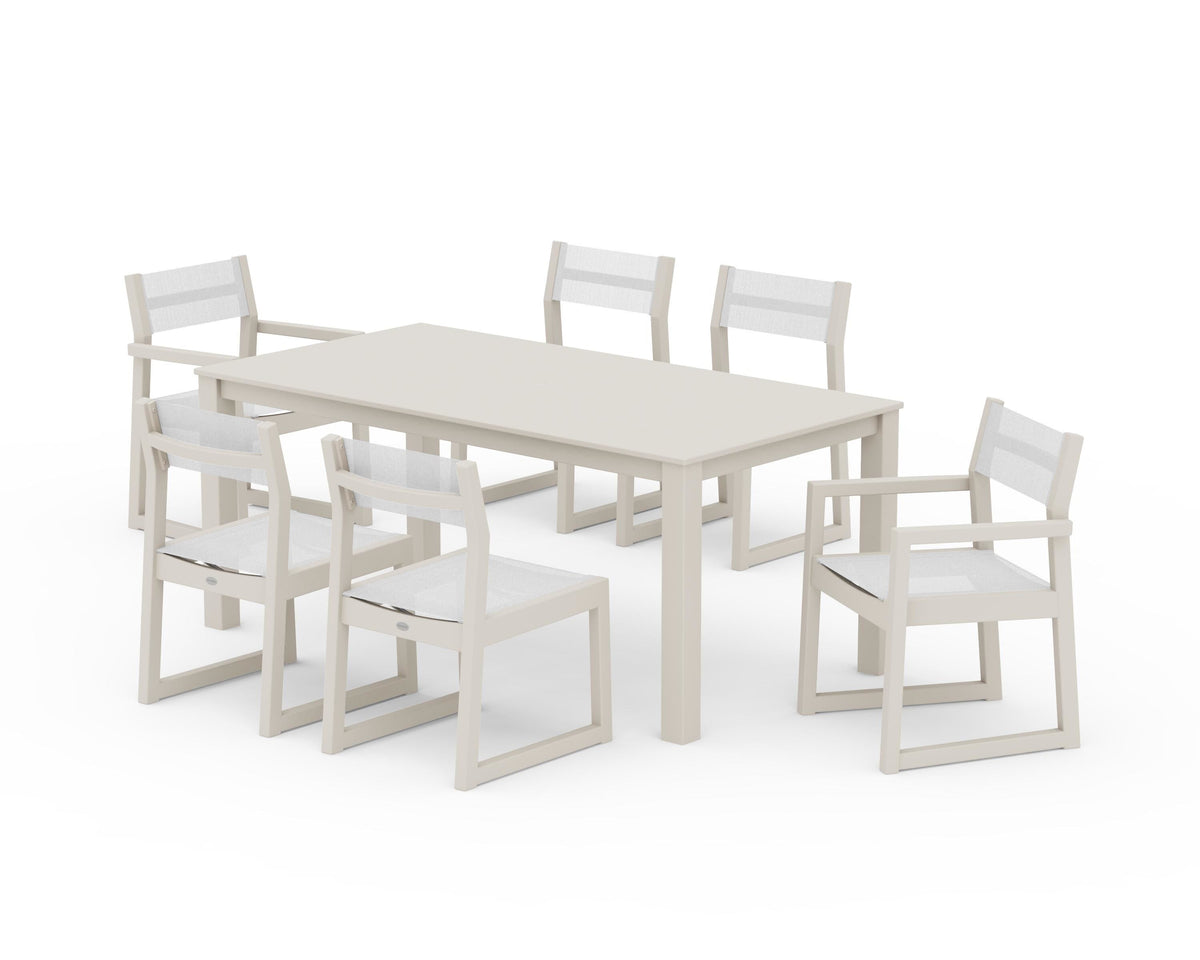 POLYWOOD EDGE Sling 7-Piece Parsons Dining Set in Sand / White