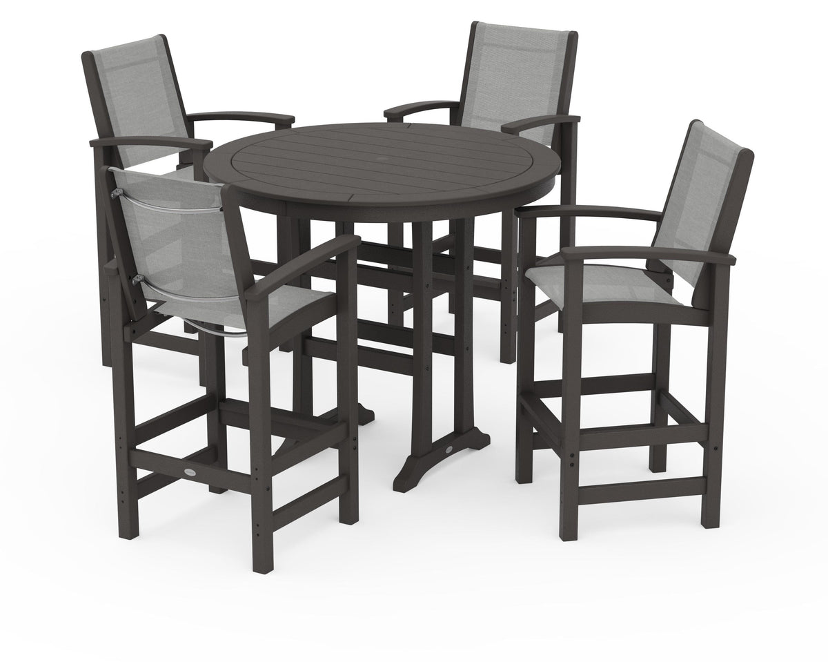 POLYWOOD Coastal 5-Piece Nautical Trestle Bar Set in Vintage Coffee / Metallic