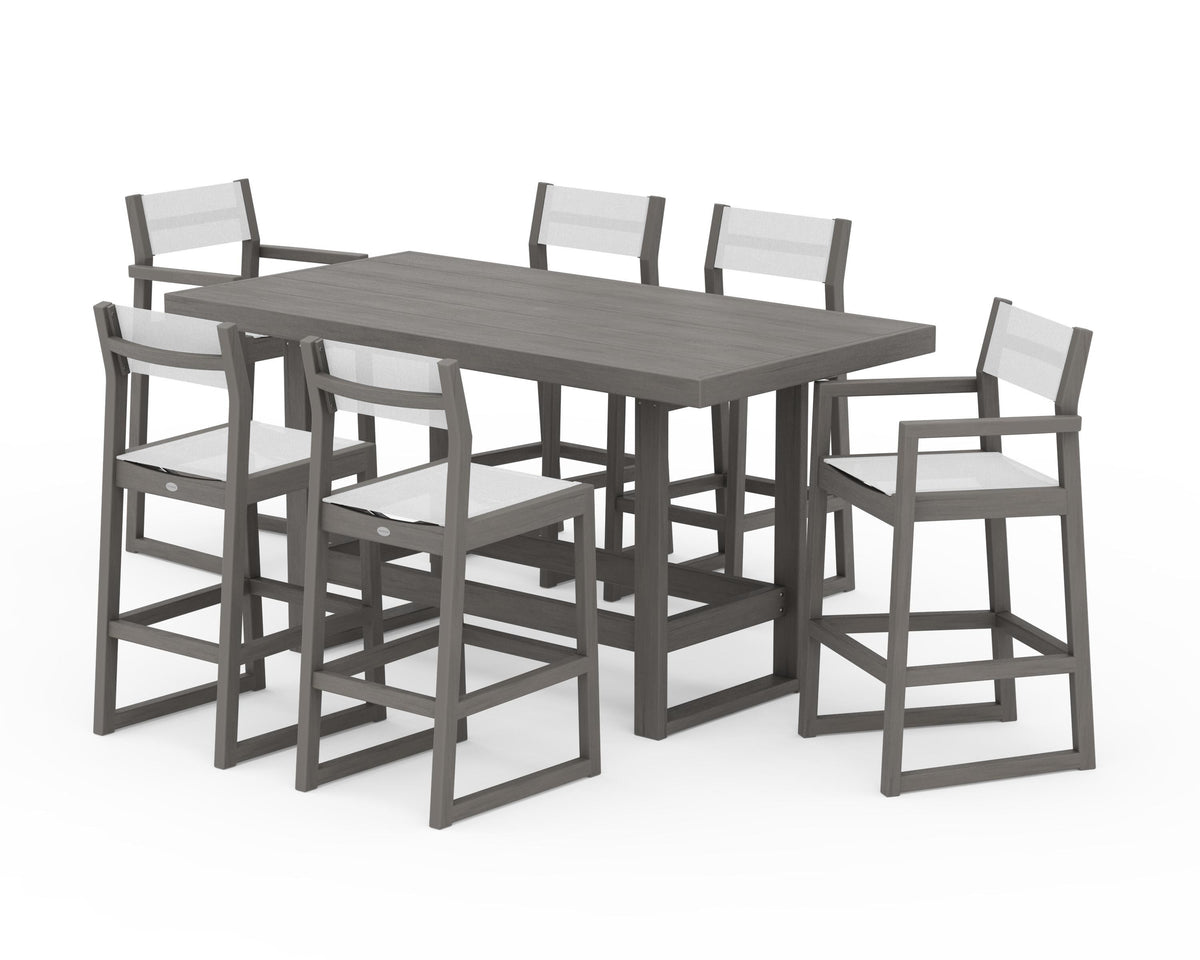 POLYWOOD EDGE Sling 7-Piece Bar Table Set in Driftwood / White