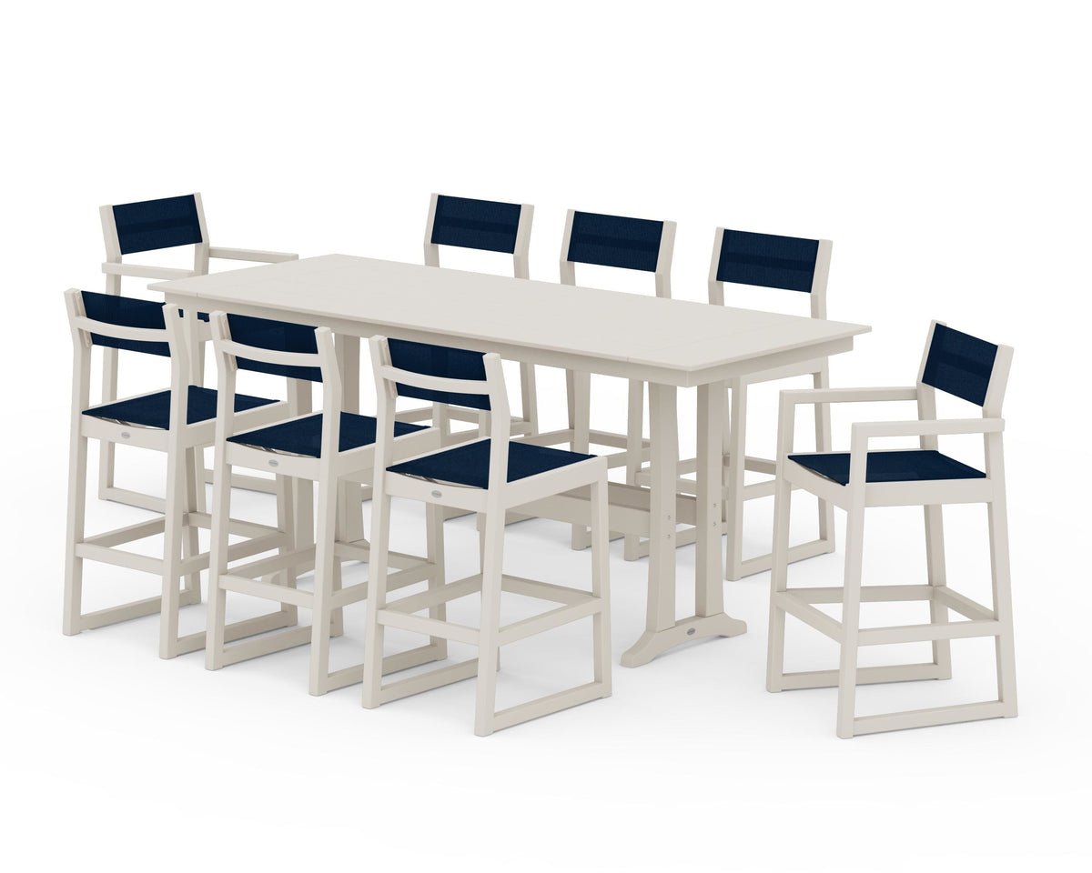 POLYWOOD EDGE Sling 9-Piece Farmhouse Bar Set with Trestle Legs in Sand / Navy Blue