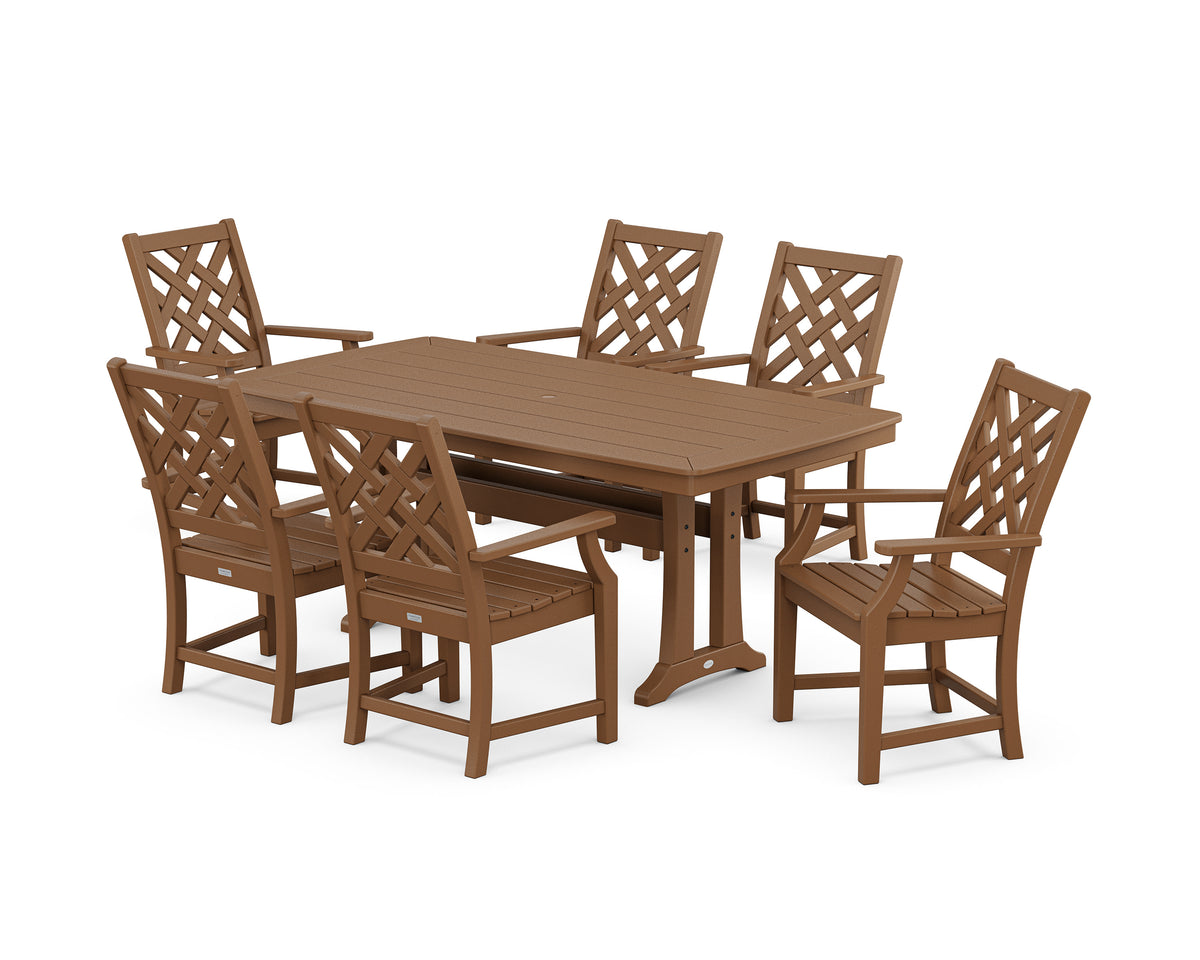 POLYWOOD Wovendale Arm Chair 7-Piece Dining Set with Trestle Legs in Teak