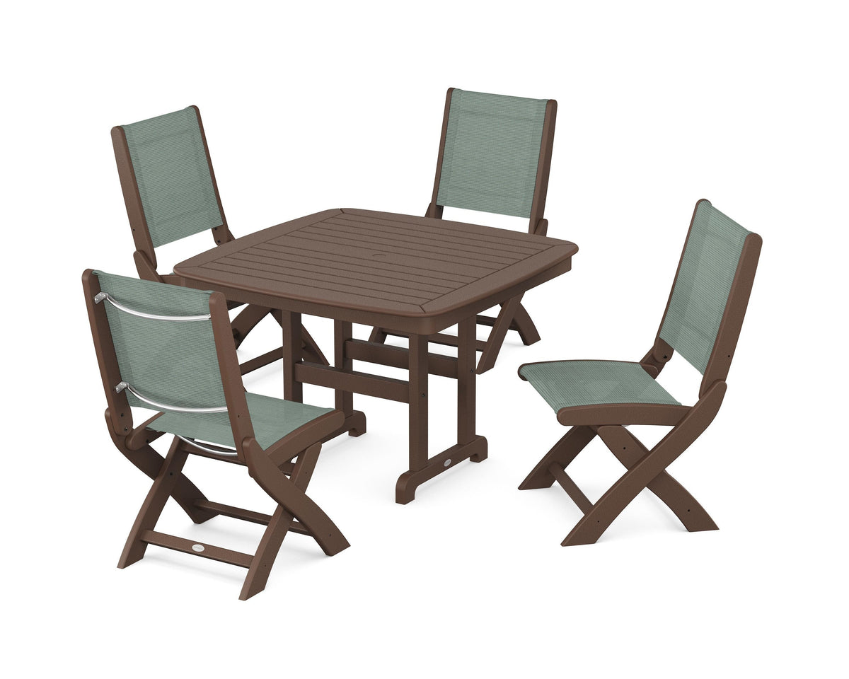 POLYWOOD Coastal Folding Side Chair 5-Piece Dining Set with Nautical 44" Dining Table in Mahogany / Dupioni Sea Mist