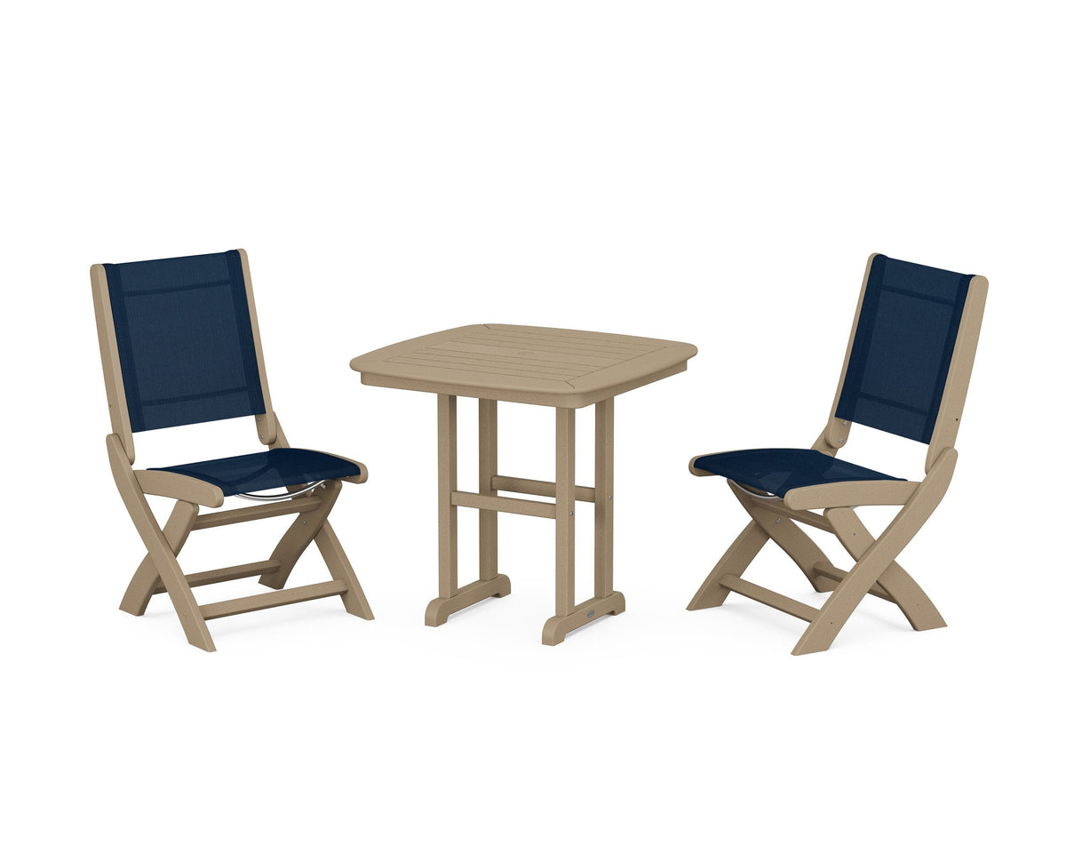 POLYWOOD Coastal Folding Side Chair 3-Piece Dining Set in Vintage Sahara / Navy Blue