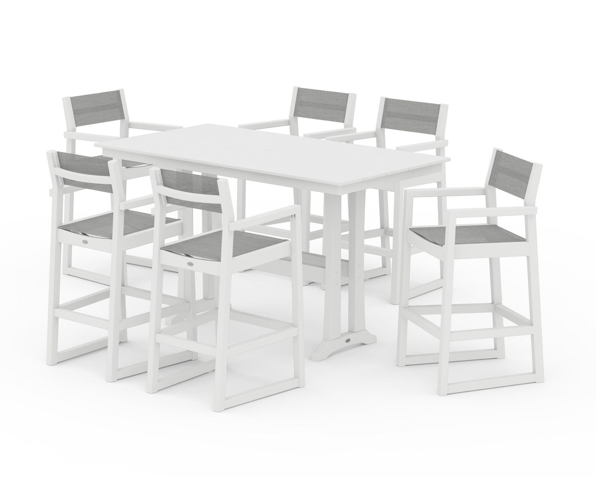 POLYWOOD EDGE Sling Arm Chair 7-Piece Farmhouse Bar Set with Trestle Legs in White / Metallic