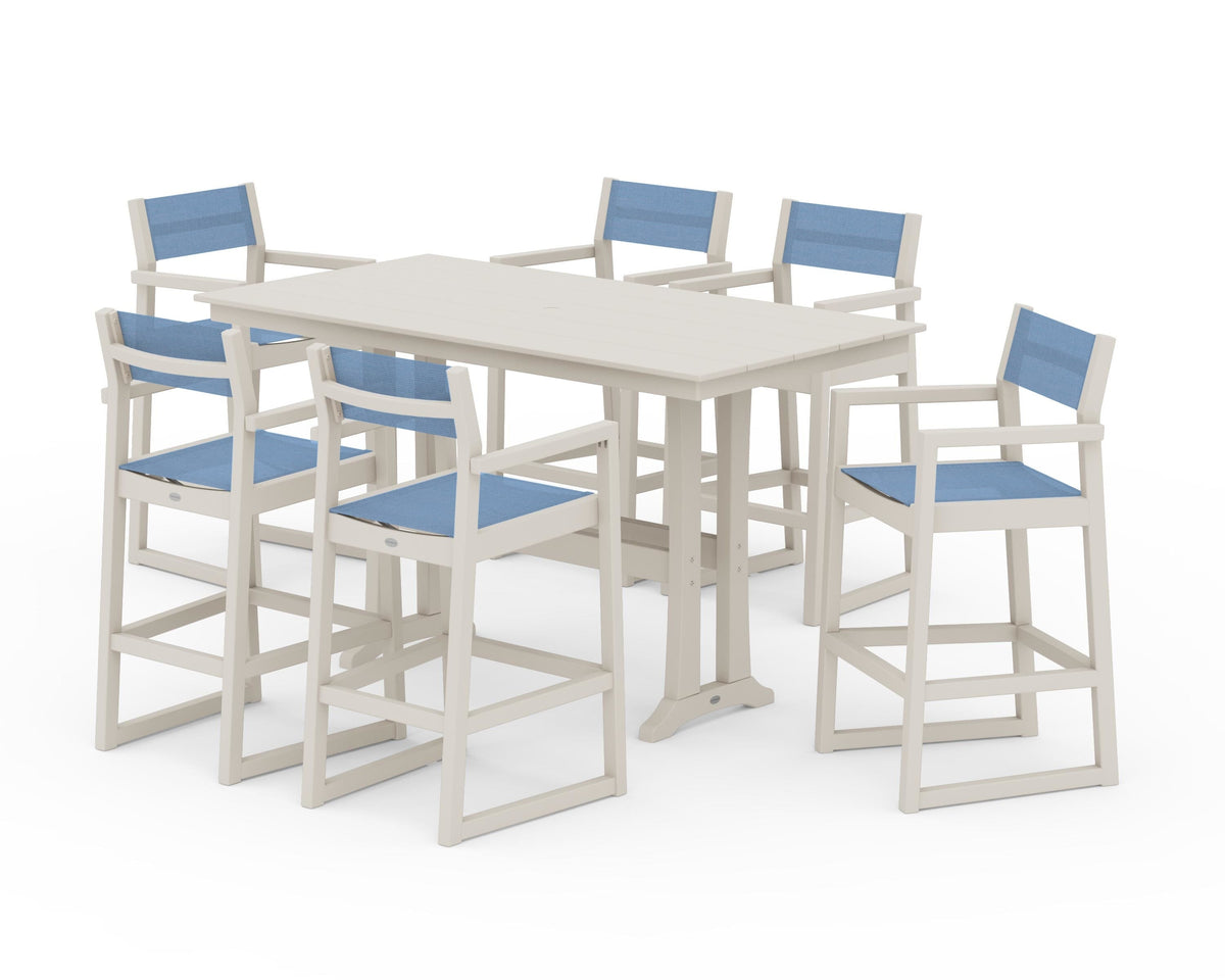POLYWOOD EDGE Sling Arm Chair 7-Piece Farmhouse Bar Set with Trestle Legs in Sand / Poolside